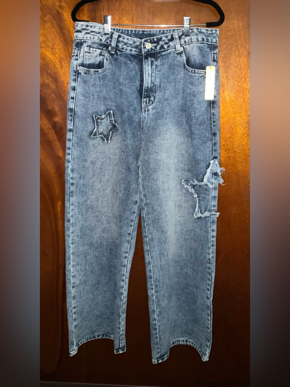 High-Rise Light Blue Star Patch Wide-Leg Jeans